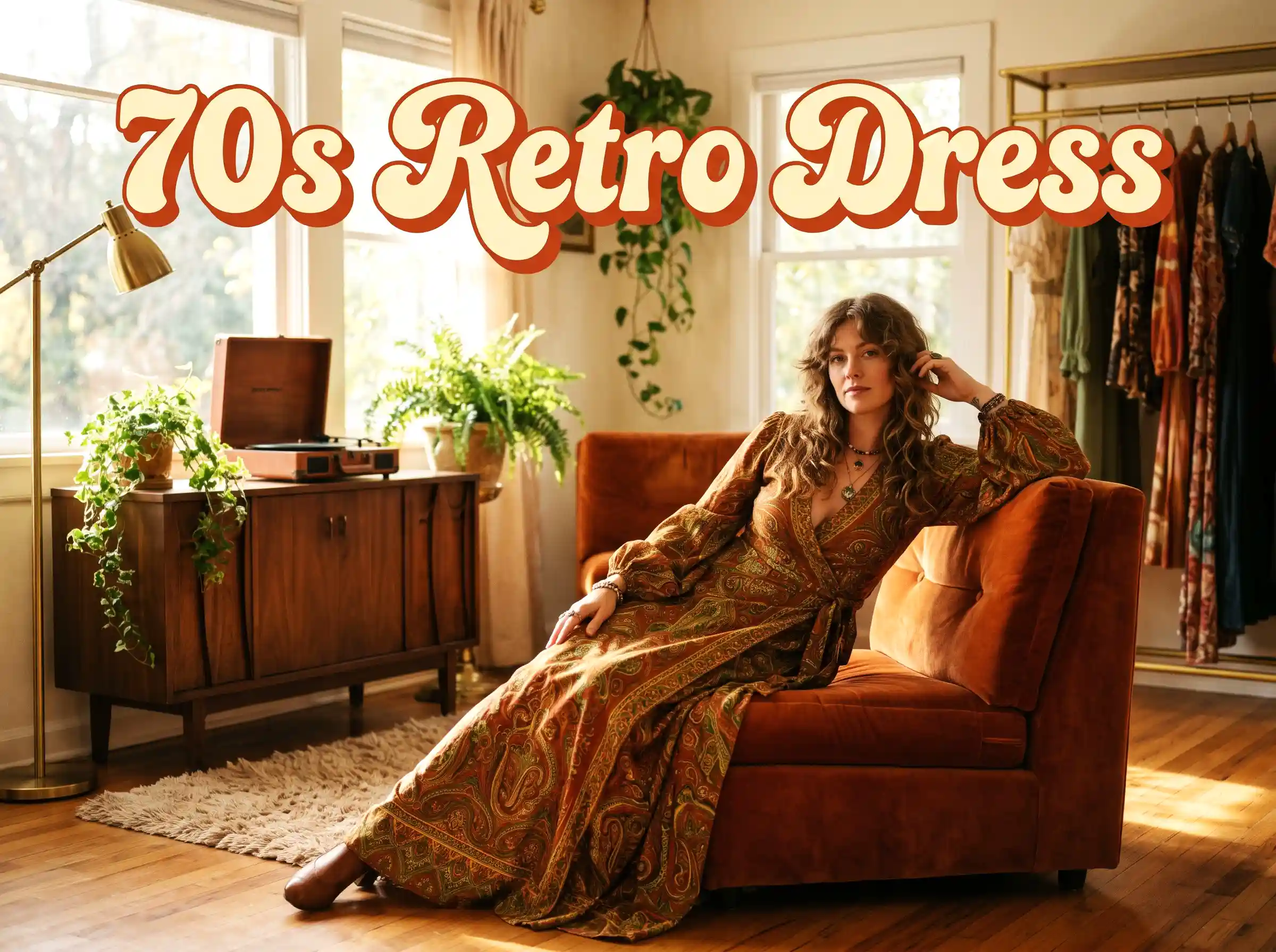 A vintage 70s-inspired prairie dress draped beautifully inside a warm mid-century modern room design