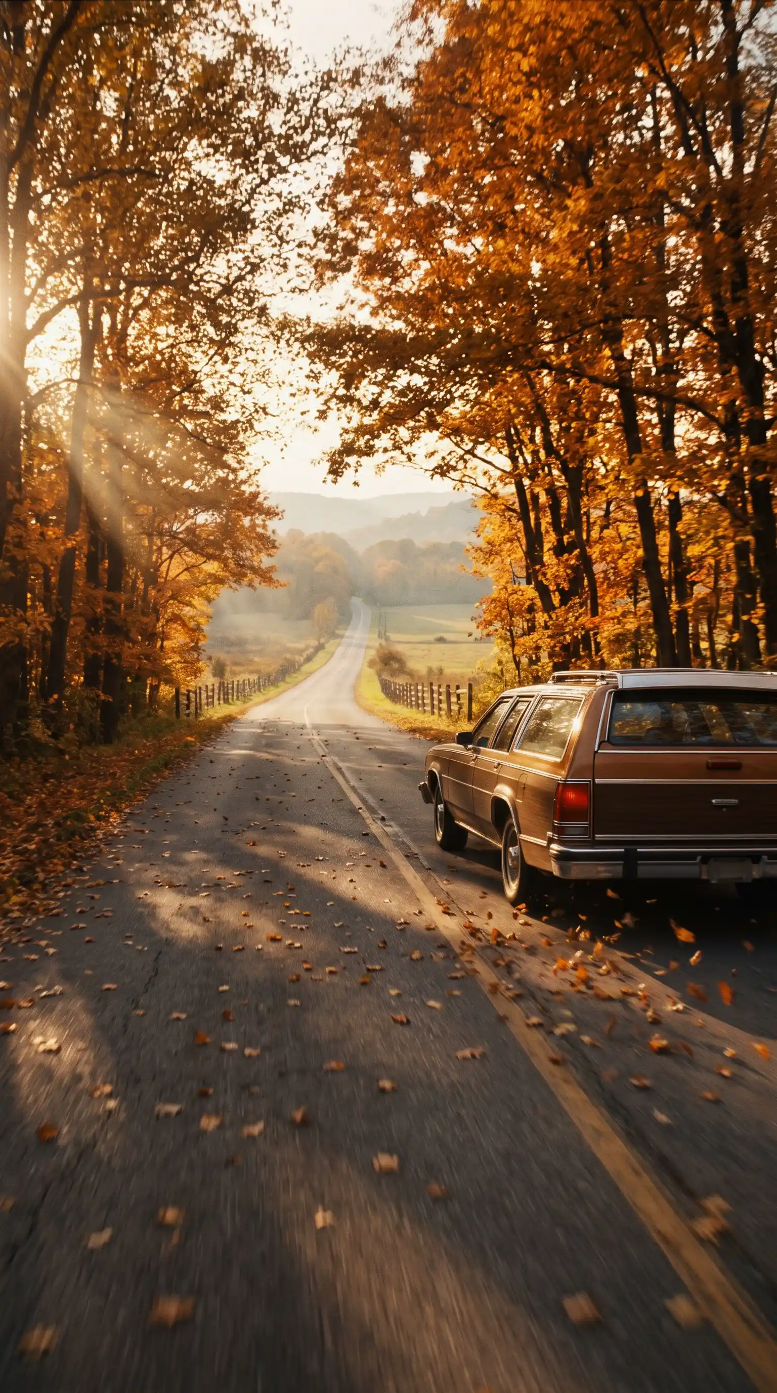Vintage station wagon driving along an autumn country road