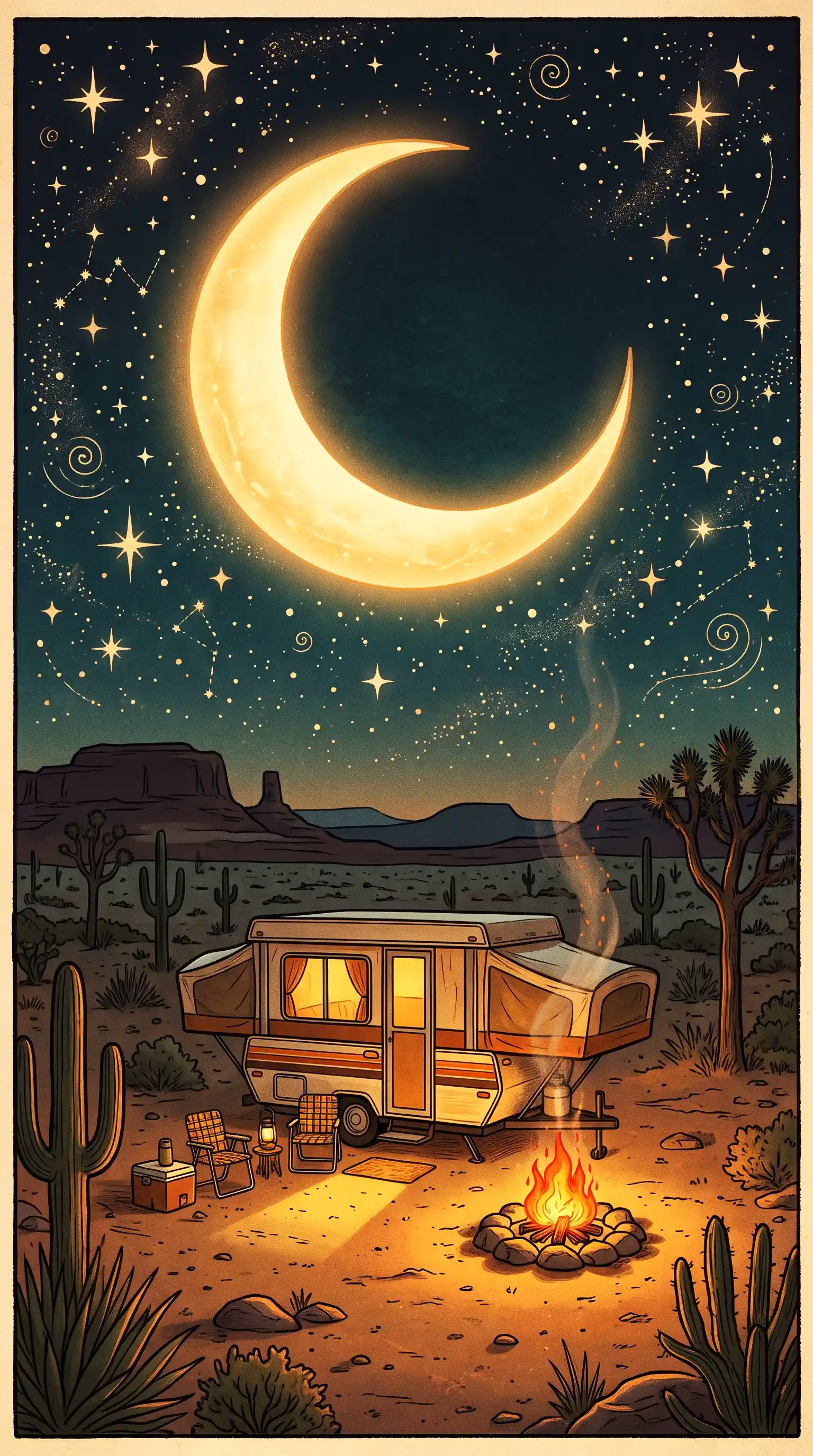 Stylized vintage camper trailer beneath a starry desert sky