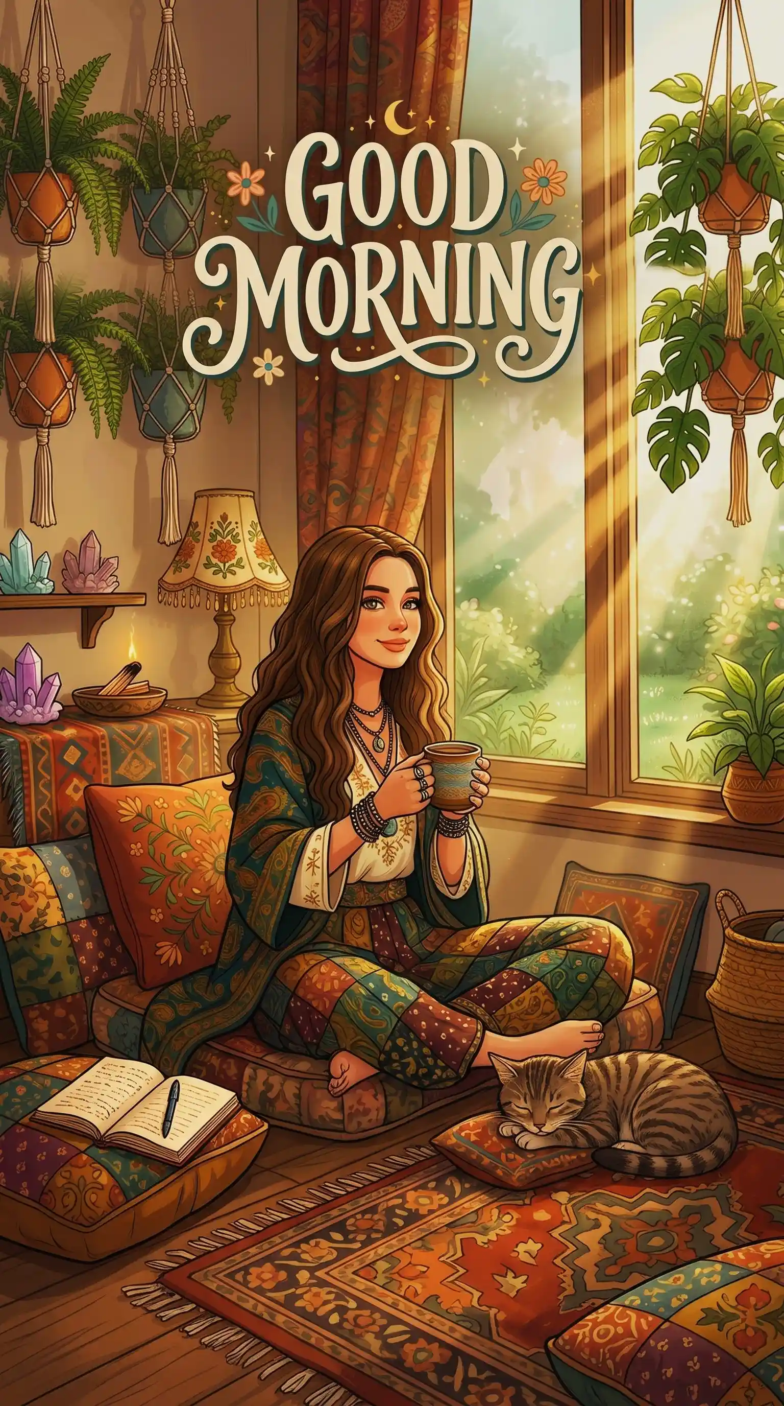 Warm soulful bohemian room with a girl drinking coffee, crystals, cozy floor cushions, a sleeping cat, and vintage good morning typography