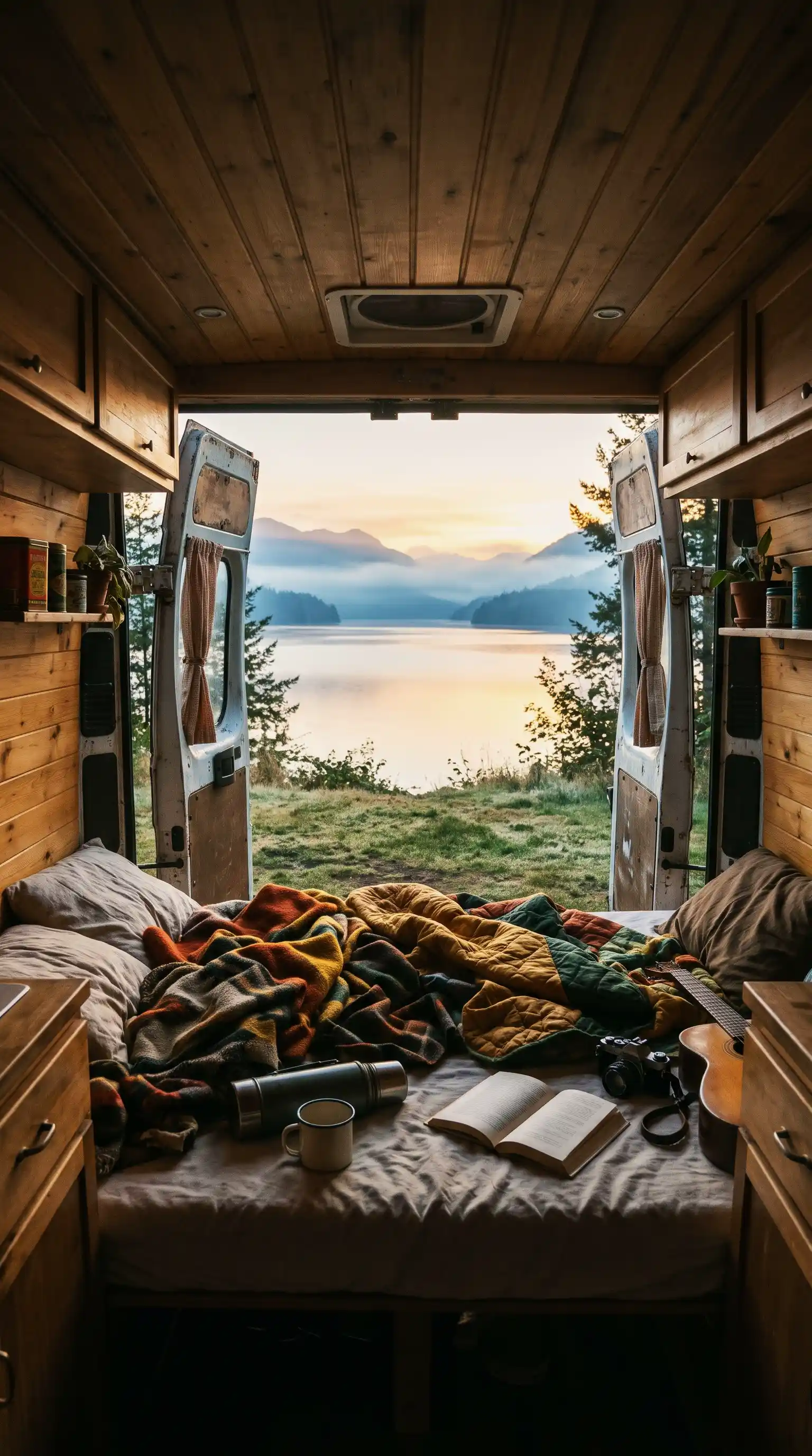 1970s-style camper van at a mountain lookout