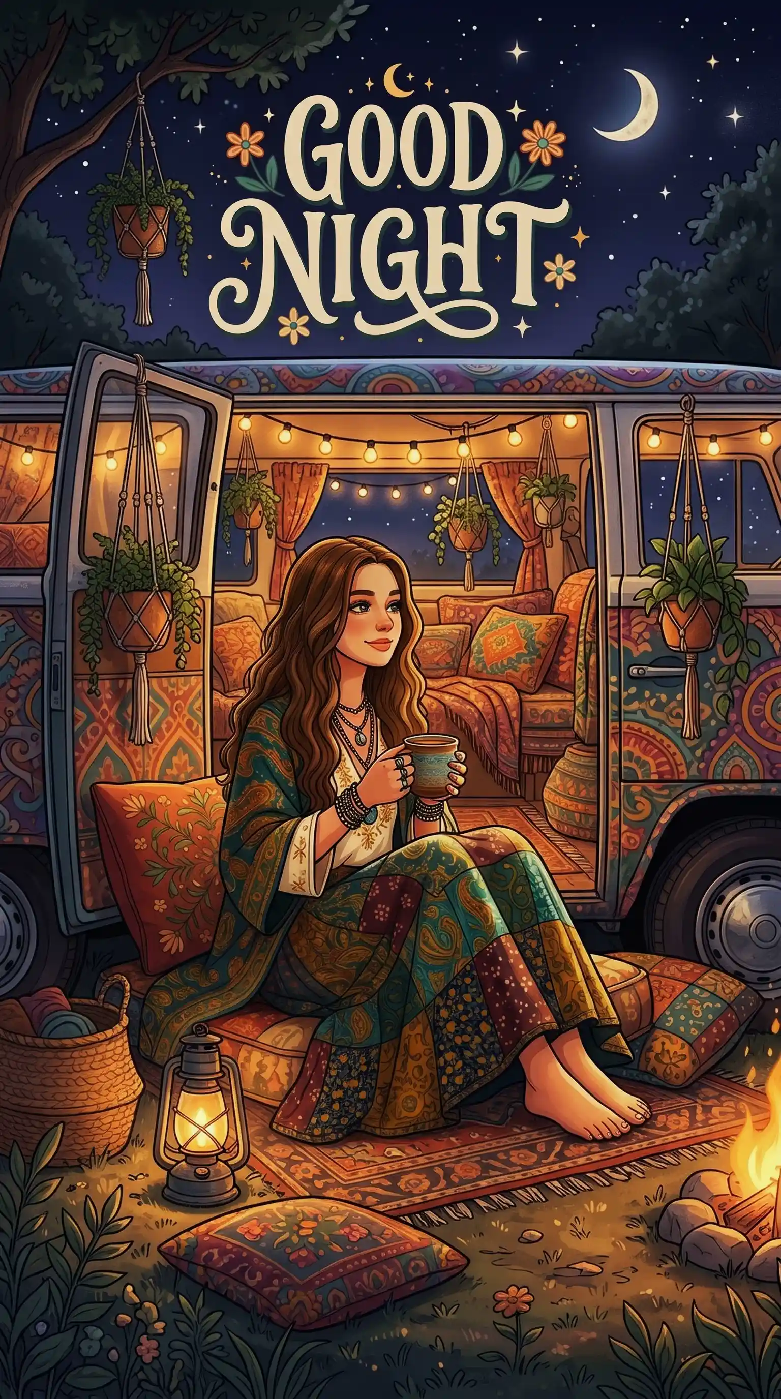 Cozy 1970s room at night with glowing moon lamps, starlit window views, deep velvet textures, and vintage good night typography